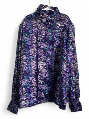 Vintage 80s Tess Purple Teal Abstract Print Mock Neck Blouse Size 8